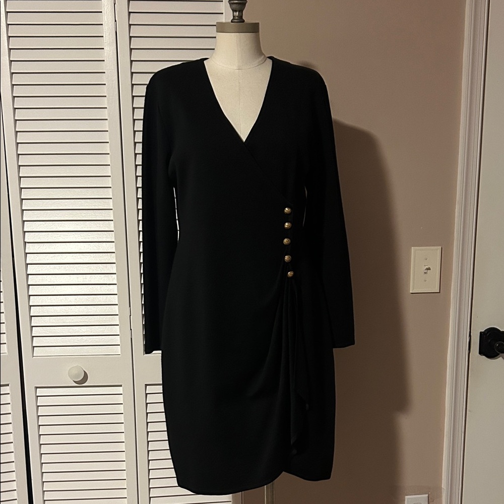 Vintage Liz Claiborne Black wool blend v-neck midi knit dress size Large